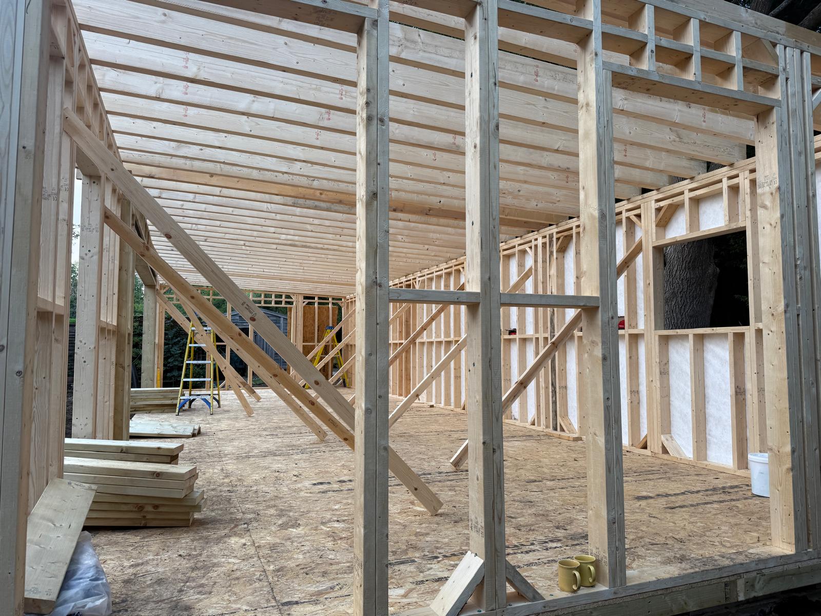 Interior view of the insulated timber frame and roof structure
