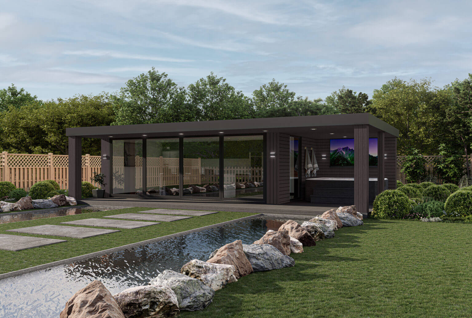 The Outlook flagship garden room in black with full-height glazing