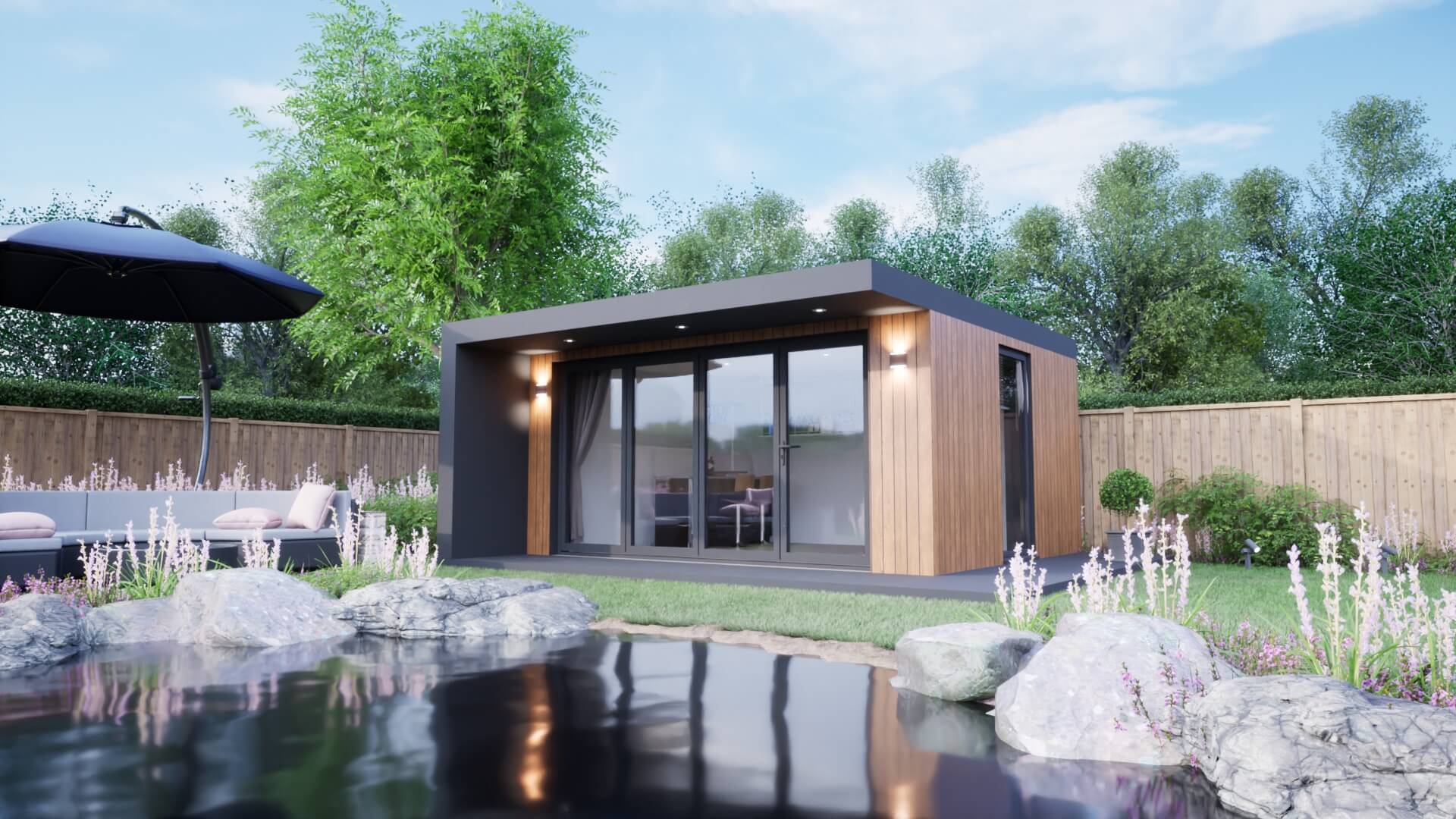 The View garden room with anthracite frame and cedar cladding beside a landscaped pond