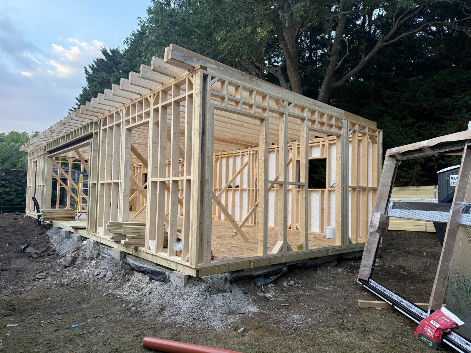 Roof joists installed on the Thorpe two bedroom annexe frame