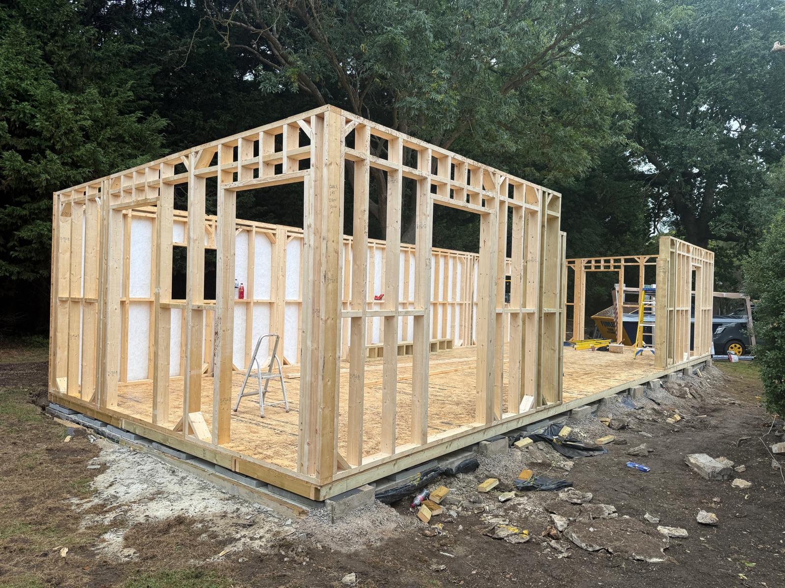 Timber frame structure of the Thorpe annexe under construction