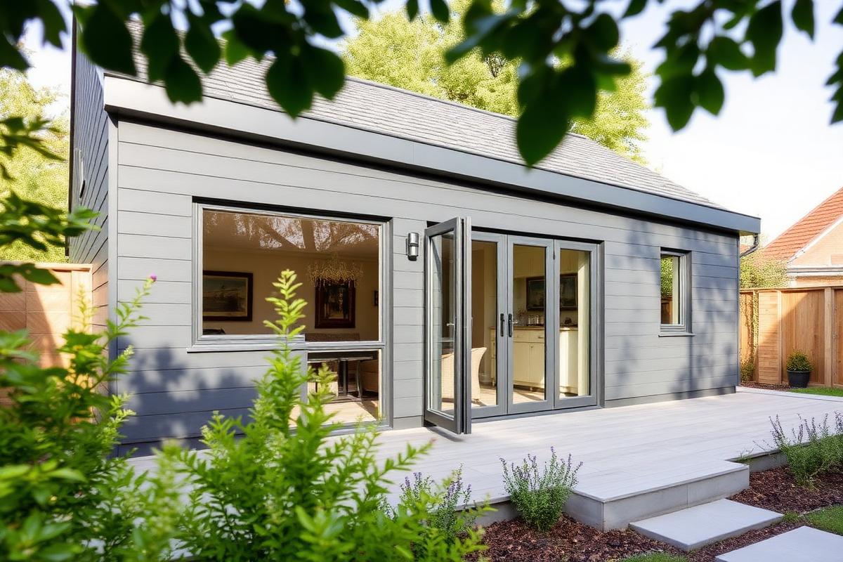 Contemporary garden annexe with grey composite cladding